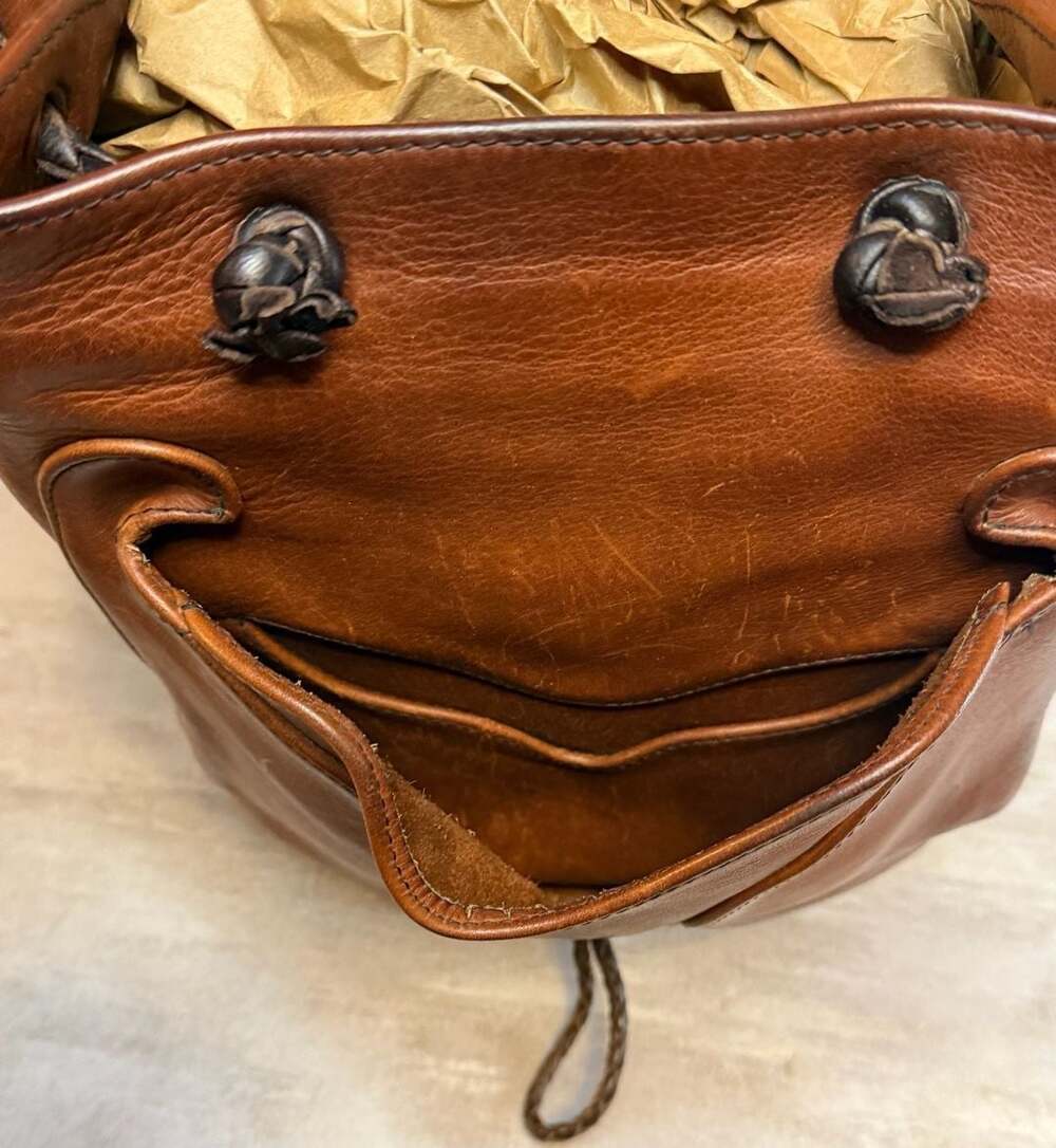 Vintage Handcrafted Fully Leather Backpack with Antler Button Clasp - Picture 13 of 14